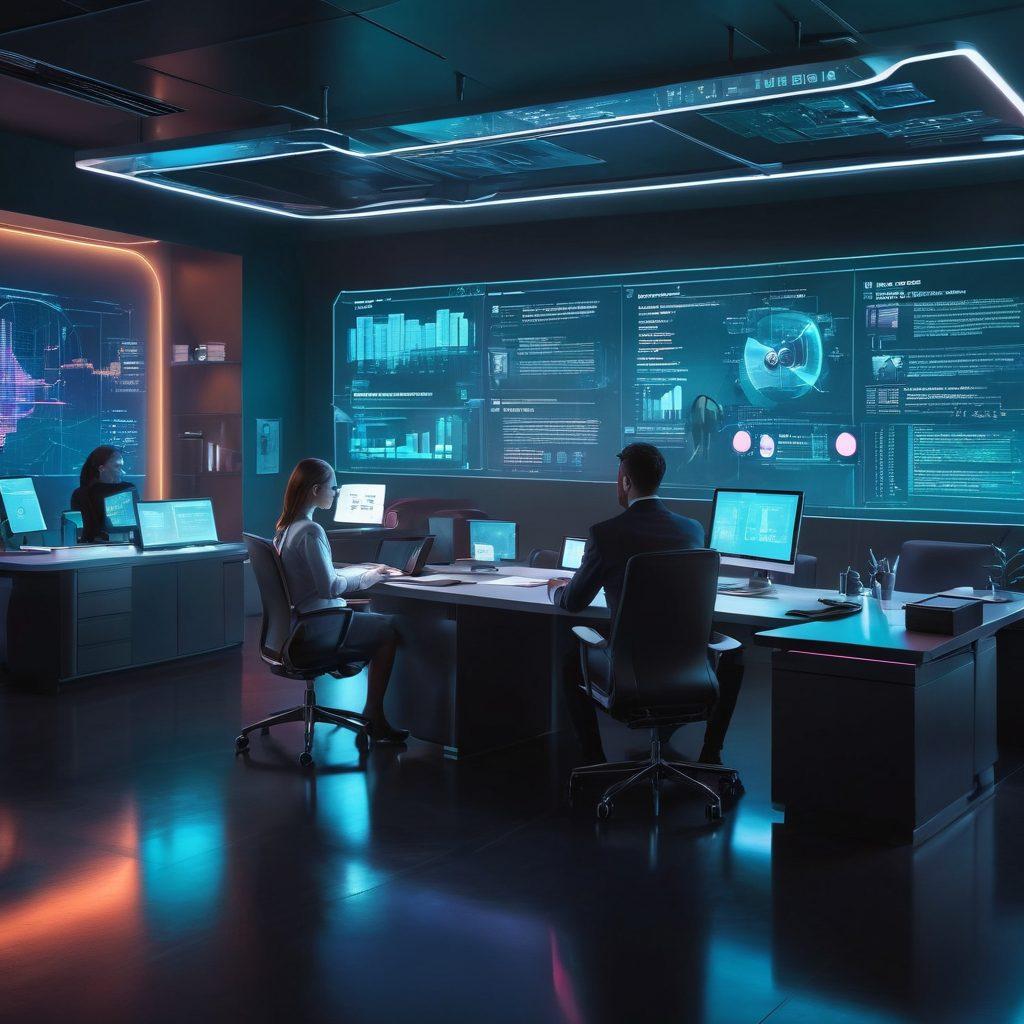 A futuristic office scene showcasing legal professionals collaborating around high-tech digital interfaces displaying case management data. Include elements like holographic charts, smart devices, and documents floating in augmented reality. The environment should exude efficiency and innovation, with sleek furniture and ambient lighting. Emphasize diversity in the professionals depicted, symbolizing inclusivity in modern legal practices. vibrant colors. cyberpunk.