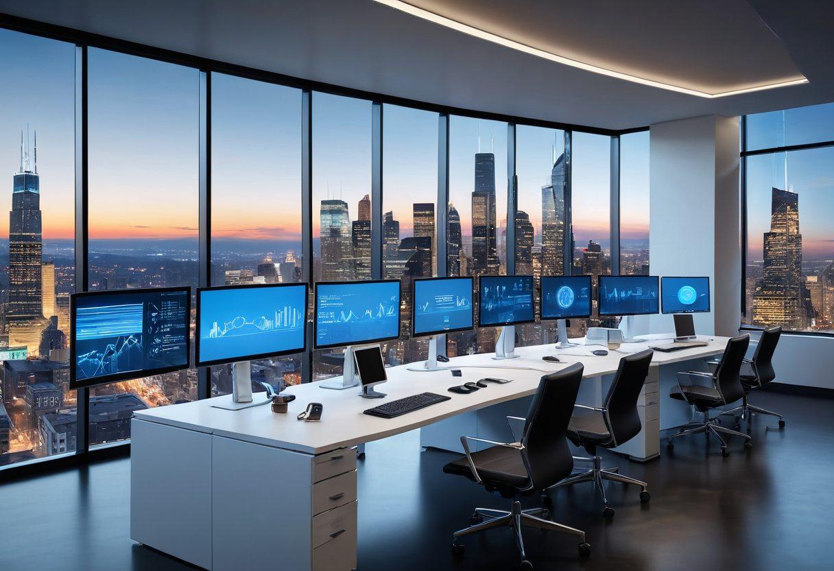 A sleek, modern office setting showcasing a diverse group of legal professionals engaged in discussions and using cutting-edge case tracking applications on digital devices. Highlight elements like interactive screens displaying data visualization, digital timelines, and teamwork. Include a futuristic city skyline through the window, symbolizing progress and innovation in legal services. super-realistic. vibrant colors. 3D.